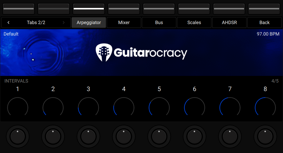 NKS3 controller view showing Arpeggiator Interval Controls on Tab 2 page 4.