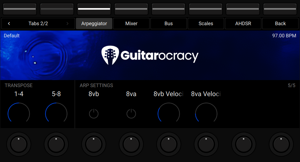 NKS3 controller view showing Arpeggiator Transpose and arp settings on Tab 2 page 5.