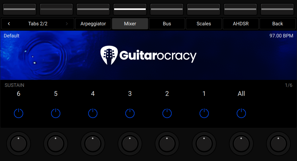 NKS3 controller view showing Mixer Sustain String Mutes on Tab 2 page 1.