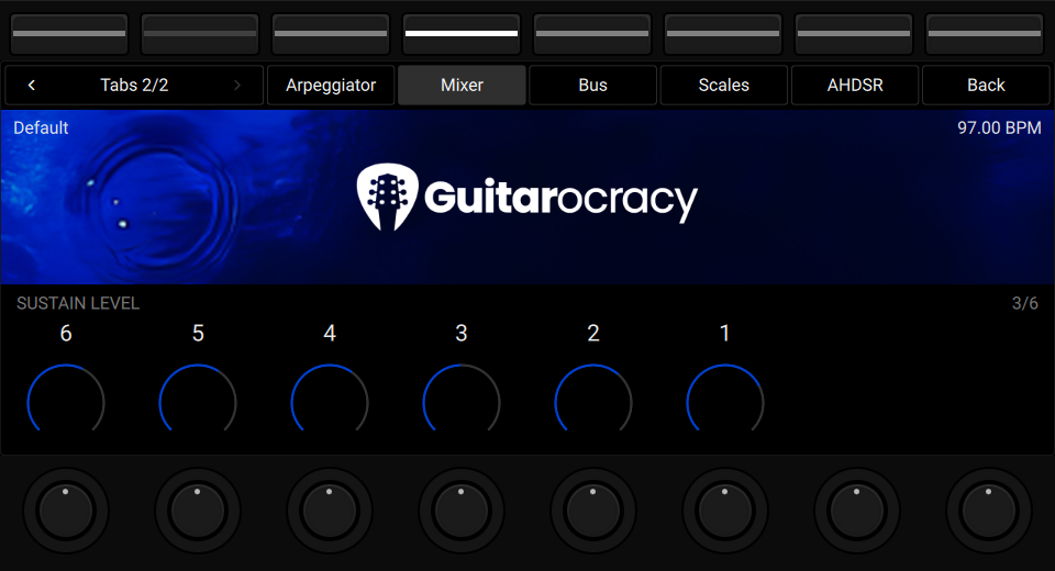 NKS3 controller view showing Mixer Sustain String Volume levels on Tab 2 page 3.