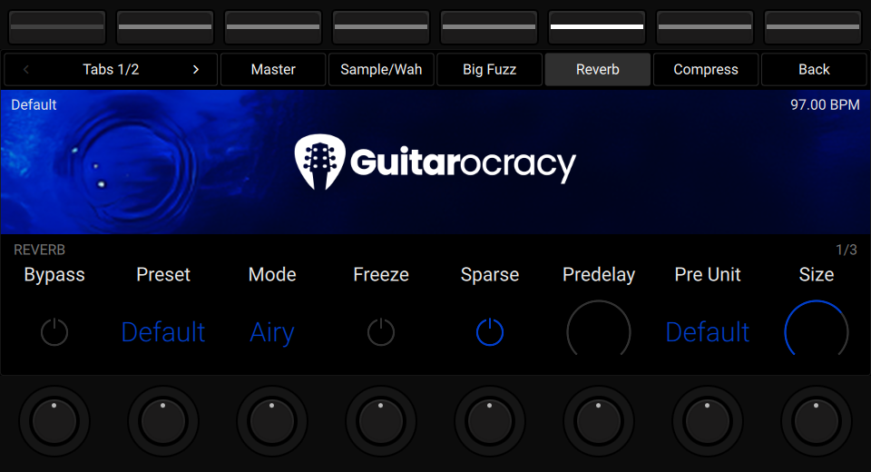 NKS3 controller view showing Raum Reverb controls on Tab 1 page 1.