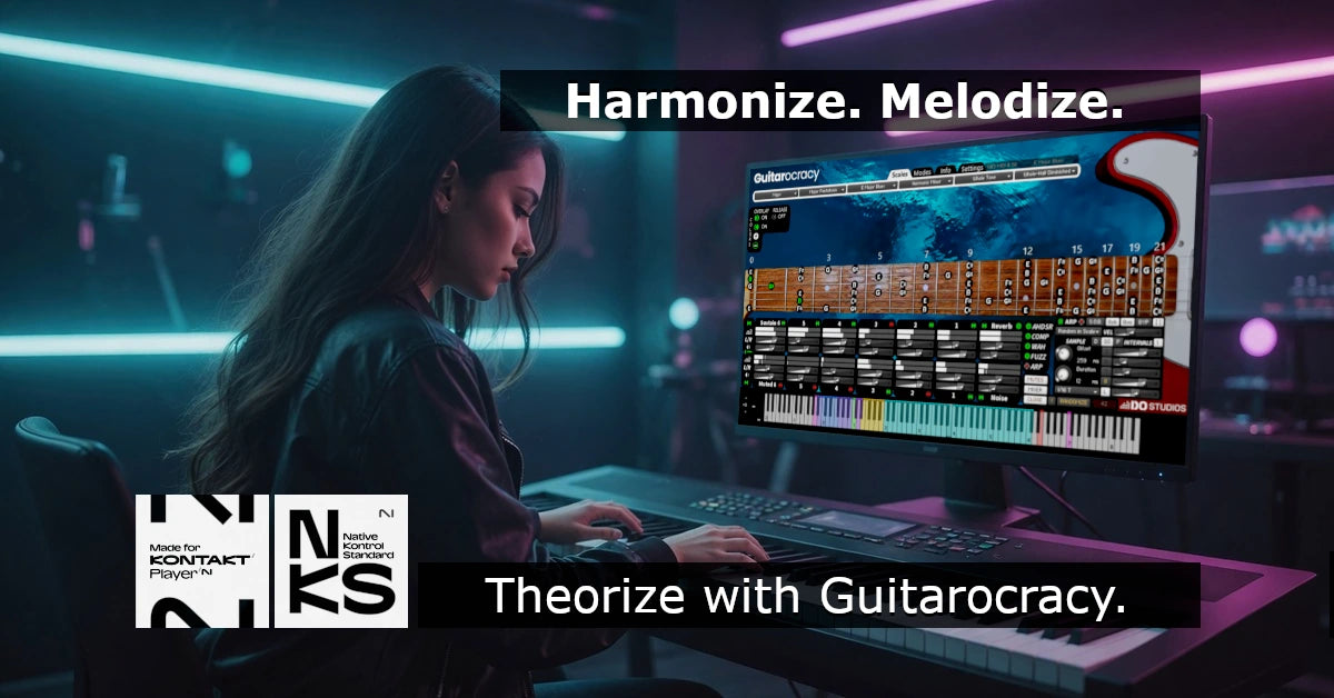 Female pianist harmonizes, melodizes and theorizes in a recording studio playing the Guitarocracy virtual guitar engine for Kontakt 8 on a computer monitor.