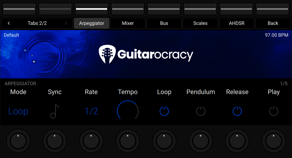 NKS3 controller view showing Arpeggiator Global settings on Tab 2 page 1.
