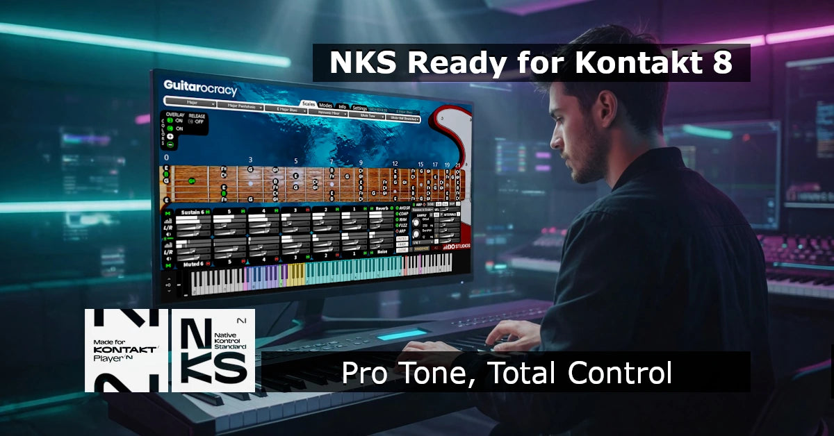 Male pianist in a recording studio playing the Guitarocracy virtual guitar engine uses NKS for Kontakt 8 on a computer monitor.