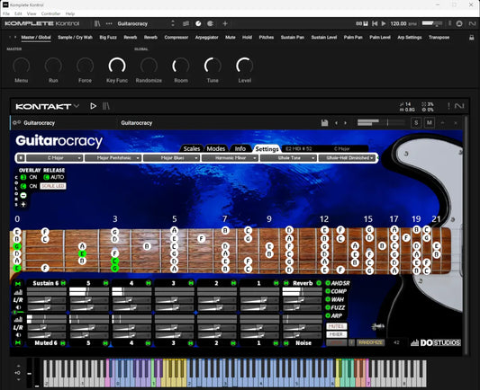 Guitarocracy a guitar instrument a vst, au, aax software plugin for Kontakt 8 Player or Kontakt 8. Play live, generative or program. Use Guitarocracy for music creation and music theory studies.