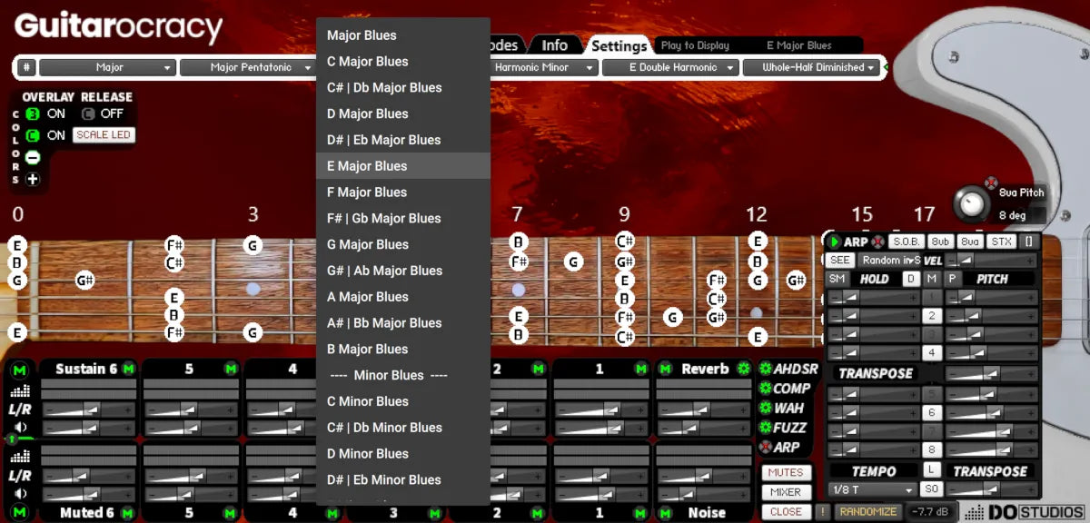 Guitarocracy guitar modeling software interface with guitar neck and controls displayed. Showing the Major and Minor Blues scale selectors.
