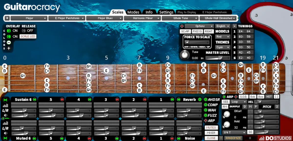 Guitarocracy interface with digital display showing a guitar neck and settings controls with the cyan theme and red guitar body color.