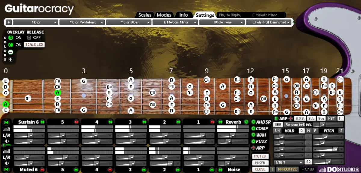 Guitarocracy showing the E Melodic Minor scale on the virtual fretboard and effect software interface. Using the yellow theme with violet guitar body color.