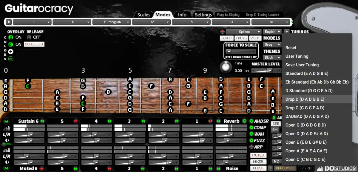 Guitar modeling software interface with guitar graphics and settings panel. Showing the custom string tuning dropdown options. Options included user tuning and more.
