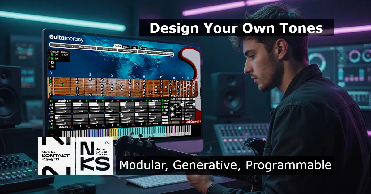 Male guitarist in a recording studio playing the Guitarocracy a modular, generative and programmable virtual guitar engine for Kontakt 8 on a computer monitor.