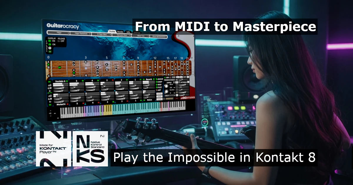 Female guitarist in a recording studio playing the Guitarocracy virtual guitar engine for Kontakt 8 on a computer monitor.