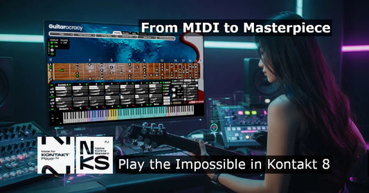 Female guitarist in a recording studio playing the Guitarocracy virtual guitar engine for Kontakt 8 on a computer monitor.