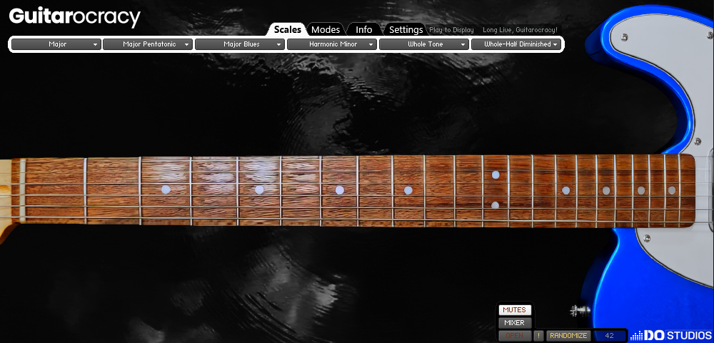 Guitar neck with digital interface displaying scale, modes, and other options on a dark background.