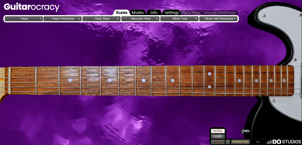 Guitar neck displayed on a purple background with Guitarocracy software interface.