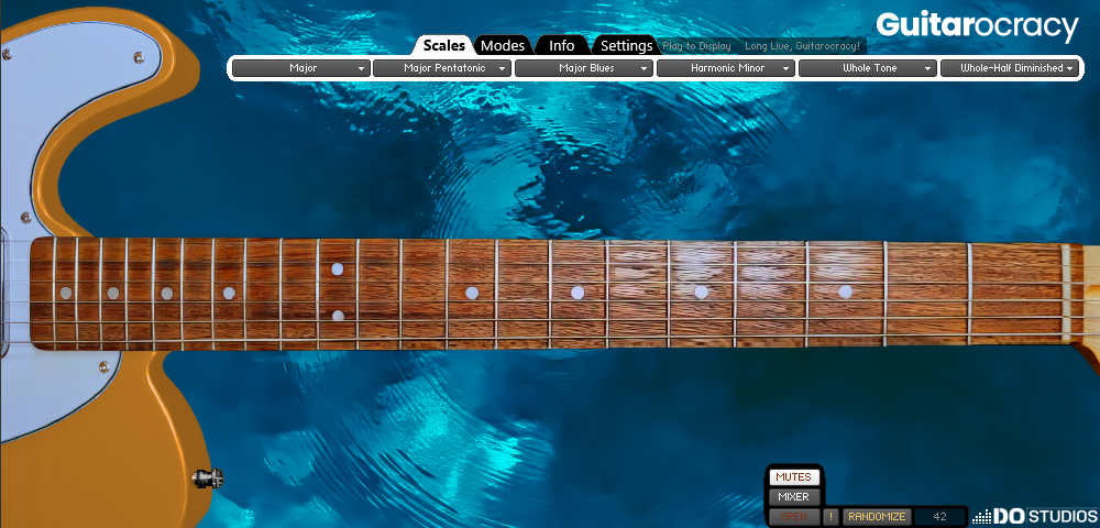 Yellow guitar body color with a blue abstract background and Guitarocracy branding.