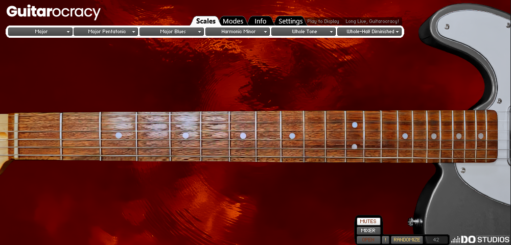 Virtual Guitar instrument for Kontakt 8 Guitarocracy, with customized red background and gray guitar body.