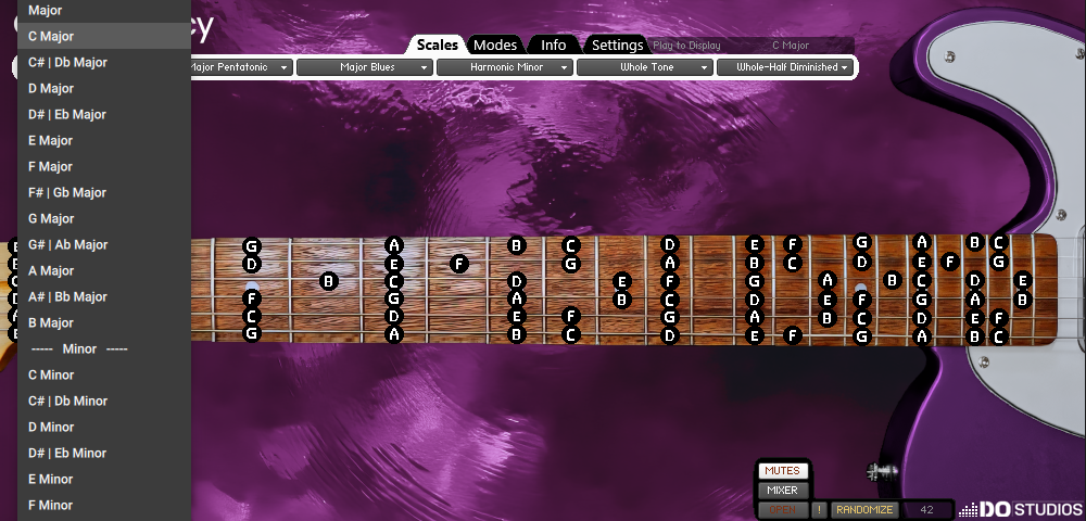 Virtual Guitar instrument for Kontakt 8 Guitarocracy. Showing major an minor scale selectors. With customized fuchsia background and violet guitar body.