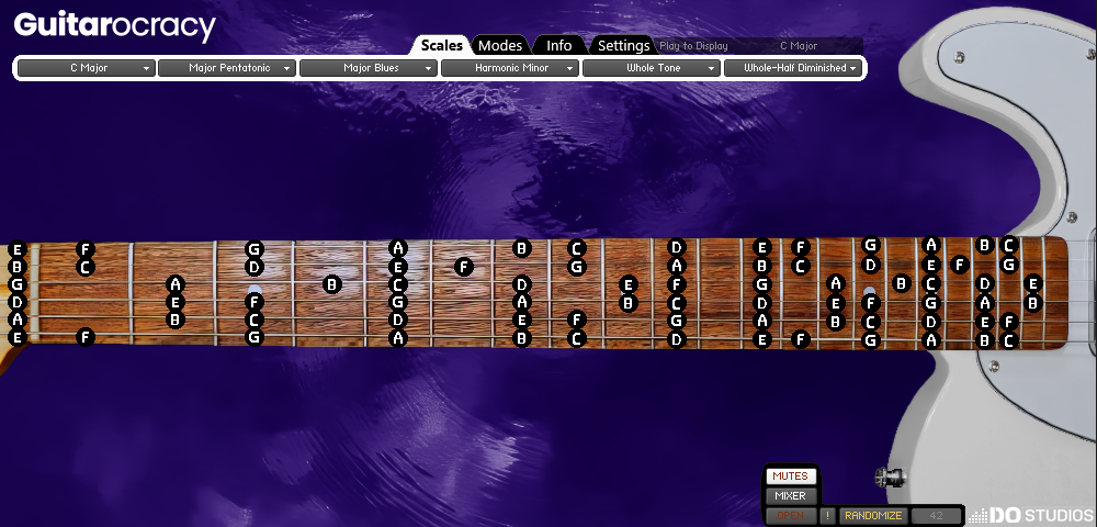 Guitar with labeled frets on a purple background, from a music software interface of Guitarocracy. A virtual guitar instrument for Kontakt 8.