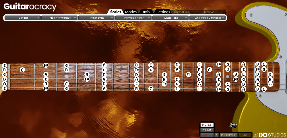 Guitarocrapy software interface displaying a guitar neck with frets and strings. Showing the scale of G Major with a customized yellow guitar body and a orange themed background.
