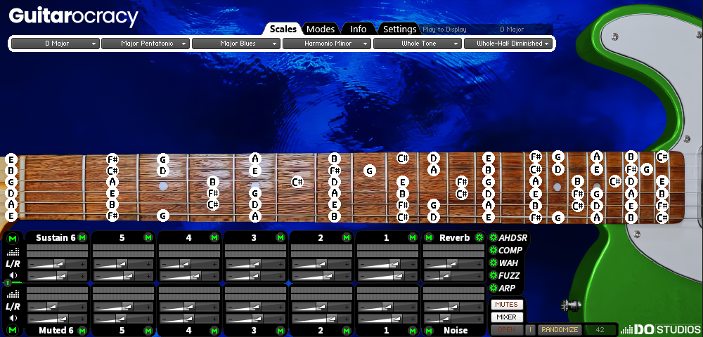 Guitarocraicy software interface with guitar neck diagram and control panels. Show the key of D Major on the Guitarocracy application for Kontakt 8.