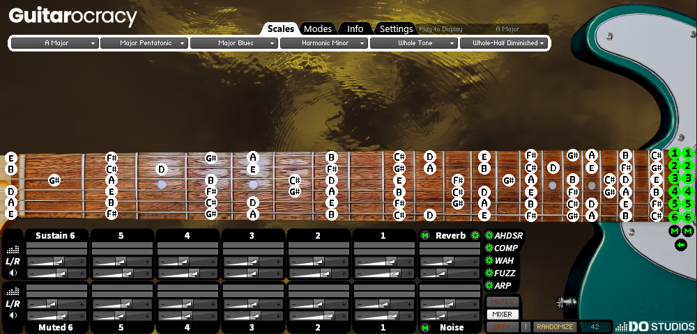 Virtual Guitar instrument for Kontakt 8 Guitarocracy, with customized gold background and teal guitar body. Showing the key of A Major and also the moveable per sting mute buttons.