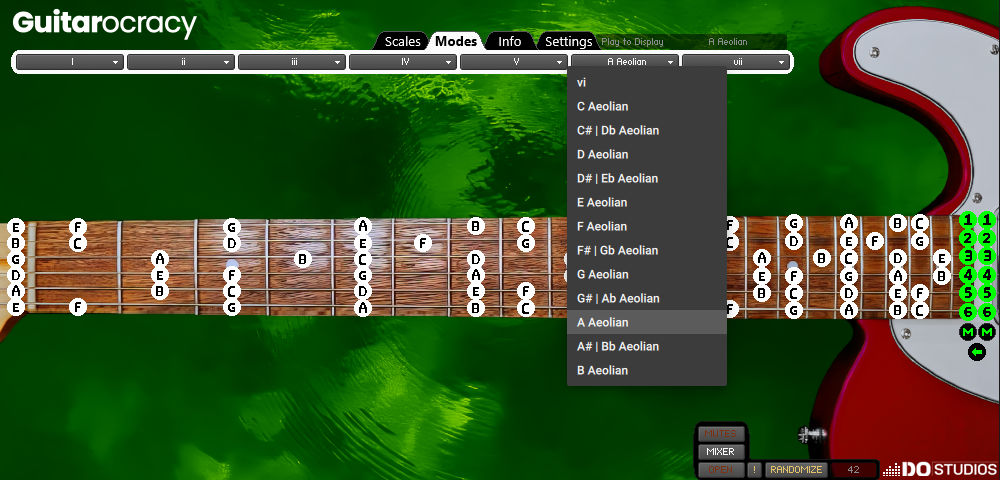 Guitar interface with a dropdown menu on a green background. Showing the sixth musical mode Aeolian. Displaying the A Aeolian mode on the virtual Guitarocracy application for the music software Kontakt 8.