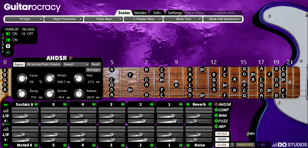 Virtual Guitar instrument for Kontakt 8 Guitarocracy, with customized violet background and purple guitar body. Showing the AHDSR (attack, hold, decay, sustain and release) control panel. While also displaying the musical scale C Melodic Minor.