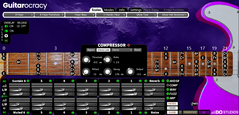 Guitarocracy fully customizable guitar modeling software interface with compressor settings on a purple background. Using the customized guitar body color fuchsia.