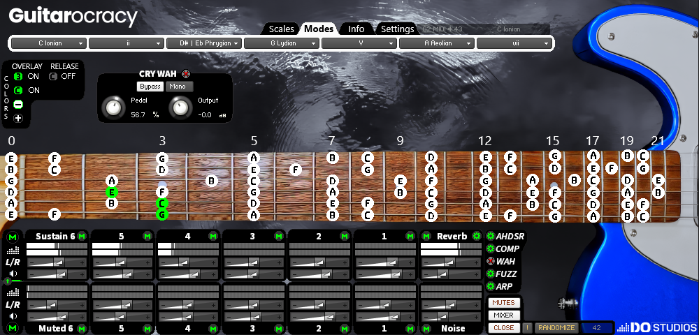Virtual Guitar instrument for Kontakt 8 Guitarocracy, with customized gray background and blue guitar body. Displaying the Cry Wah control panel and its customizable controls.