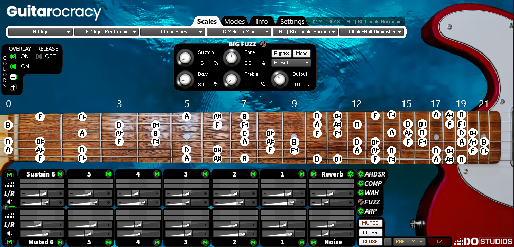 Virtual Guitar instrument for Kontakt 8 Guitarocracy, with customized cyan background and red guitar body. Showing the Big Fuzz digital distortion effect in Guitarocracy that is fully customizable. Also displaying the Bb double harmonic scale on the virtual guitar fretboard.