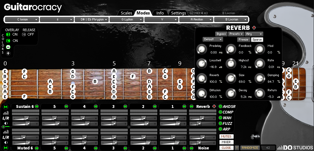 Guitar modeling software Guitarocracy's interface with guitar neck displaying the B Locrian modal scale and Raum reverb settings.