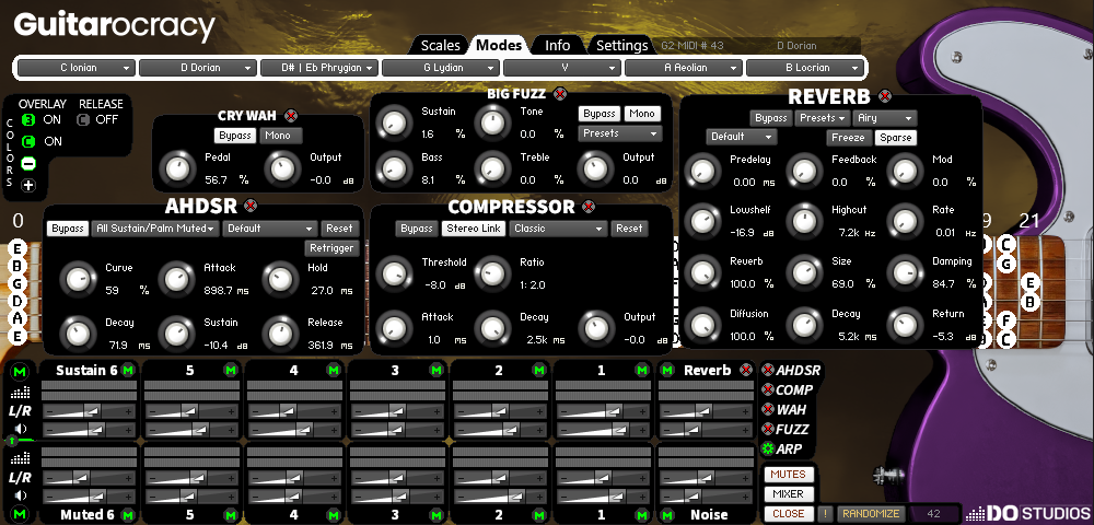 Guitar effects processor software Guitarocracy's interface with various knobs and parameters. Showing the complete effects controls from the AHDSR, Compressor, Cry Wah, Big Fuzz and Raum Reverb. Also displaying the D Dorian modal scale. With a customized gold background and using the Violet guitar body color.