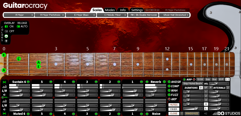 Guitar modeling software interface with guitar neck and control panel. Showing the A minor chord played with a midi keyboard.