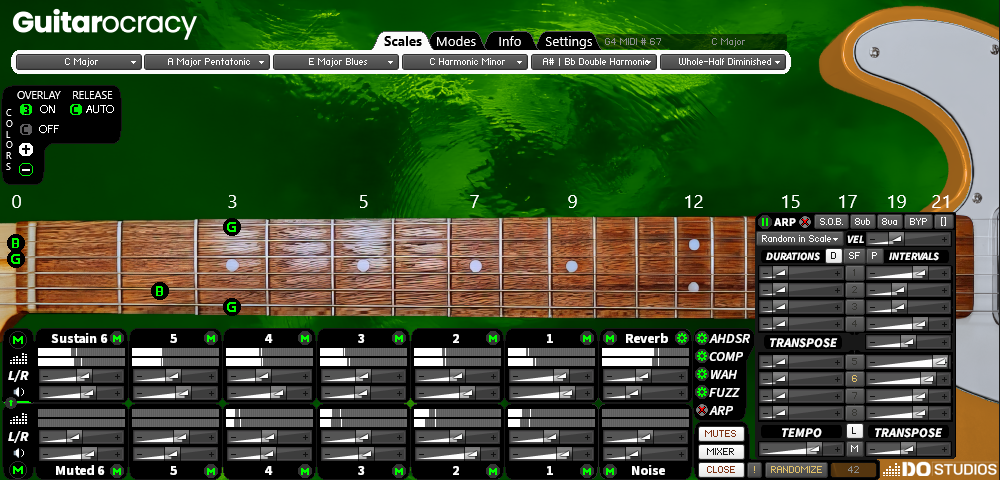 Guitar modeling software interface with guitar neck and control panel on a green background. Showing the G Major chord played with a midi keyboard