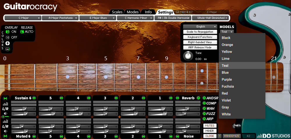Guitar modeling software interface with guitar graphics and settings panel.