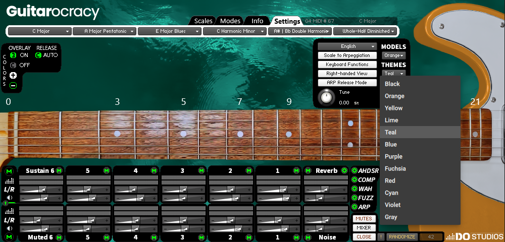 Guitar modeling software interface with guitar neck and control panel