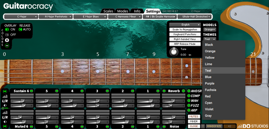 Guitar modeling software interface with guitar neck and control panel