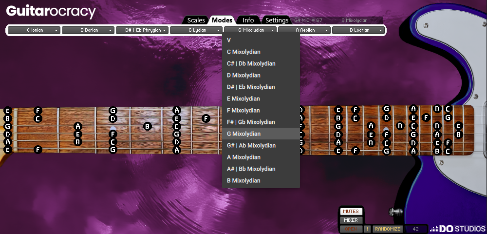 Virtual Guitar instrument for Kontakt 8 Guitarocracy, with customized fuchsia background and purple guitar body. Also displying the G Miolydian scale on the virtual guitar.