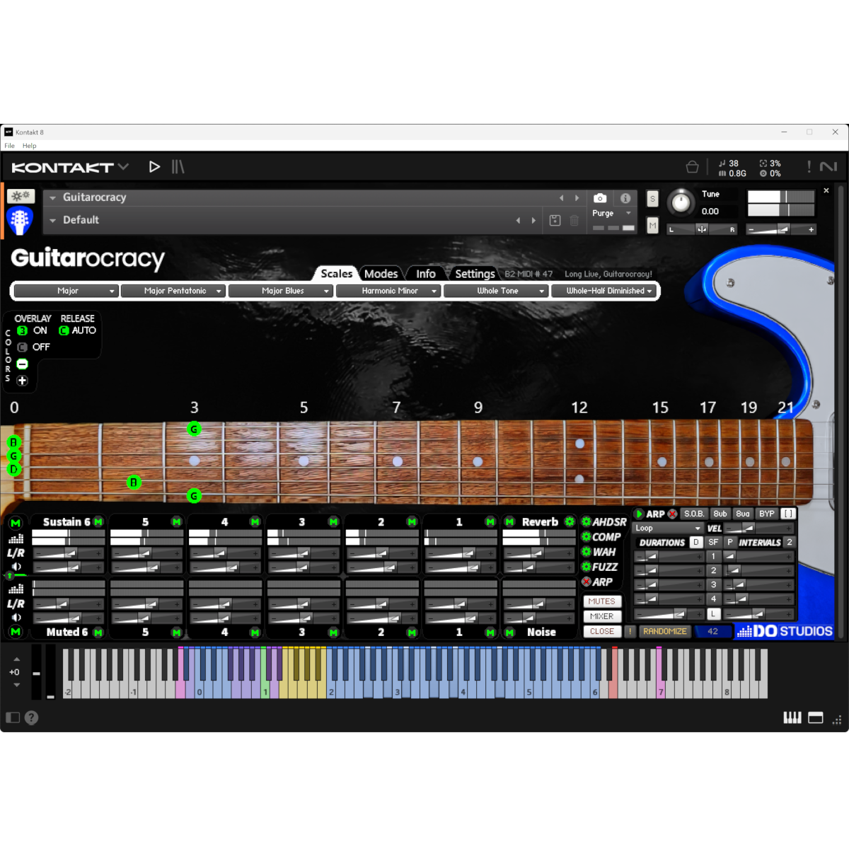 Guitarocracy a guitar instrument a vst, au, aax software plugin for Kontakt 8 Player or Kontakt 8. Play live, generative or program. Use Guitarocracy for music creation and music theory studies.