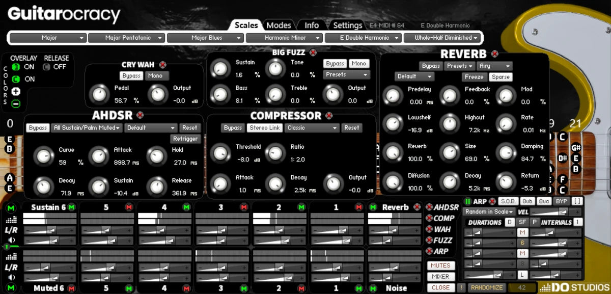 Guitarocracy effects software interface with various controls and settings.