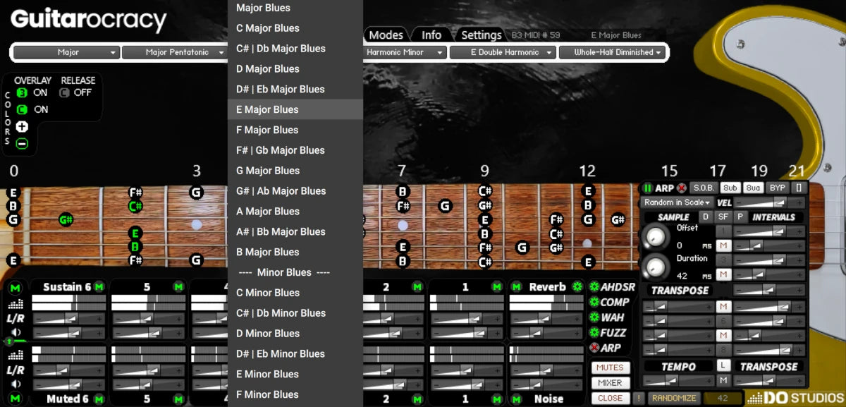 Guitarocracy guitar modeling software interface with guitar neck and controls displayed. Showing the Major and Minor Blues scale selectors.