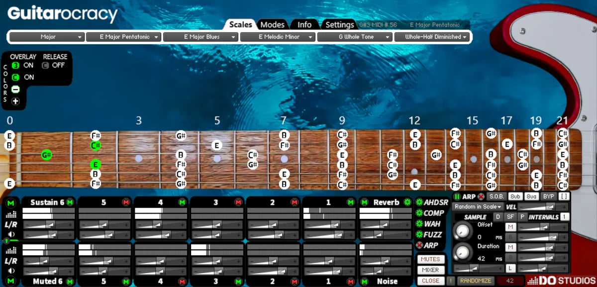 Guitarocracy interface with digital display showing a guitar neck and various controls on a blue background.