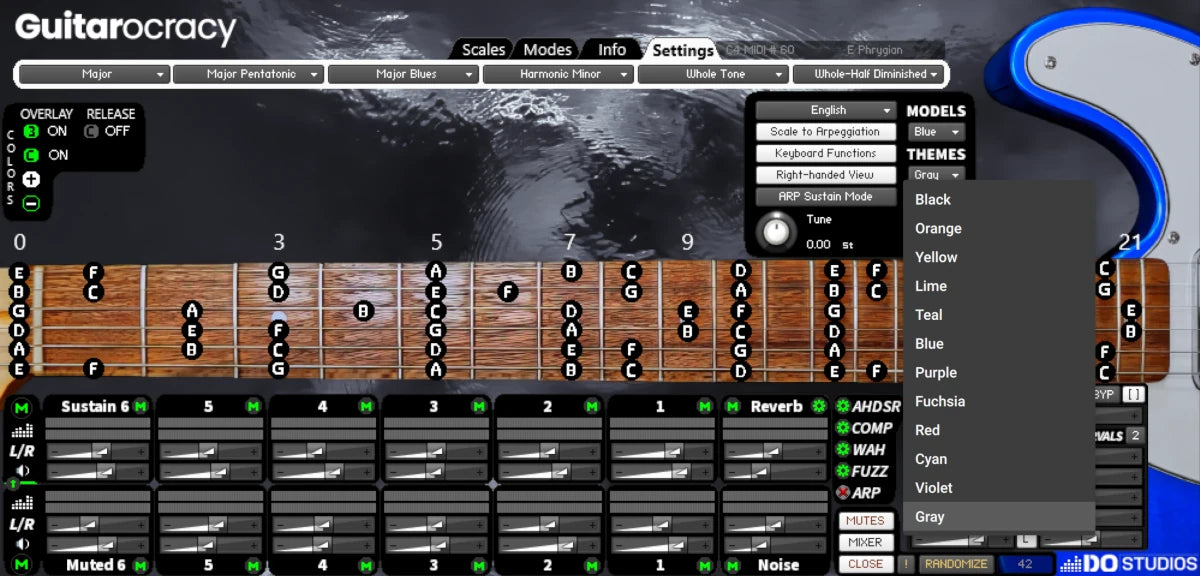 Guitar modeling software interface with guitar graphics and settings panel. Showing the dropdown with 12 guitar color model selection options.