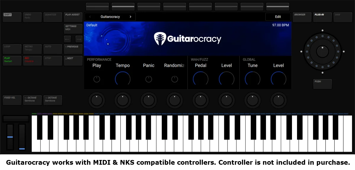 Guitarocracy as seen from a NK3 kontrol keyboard in performance view showing the main instrument page. Controller not included in Guitarocracy purchase.