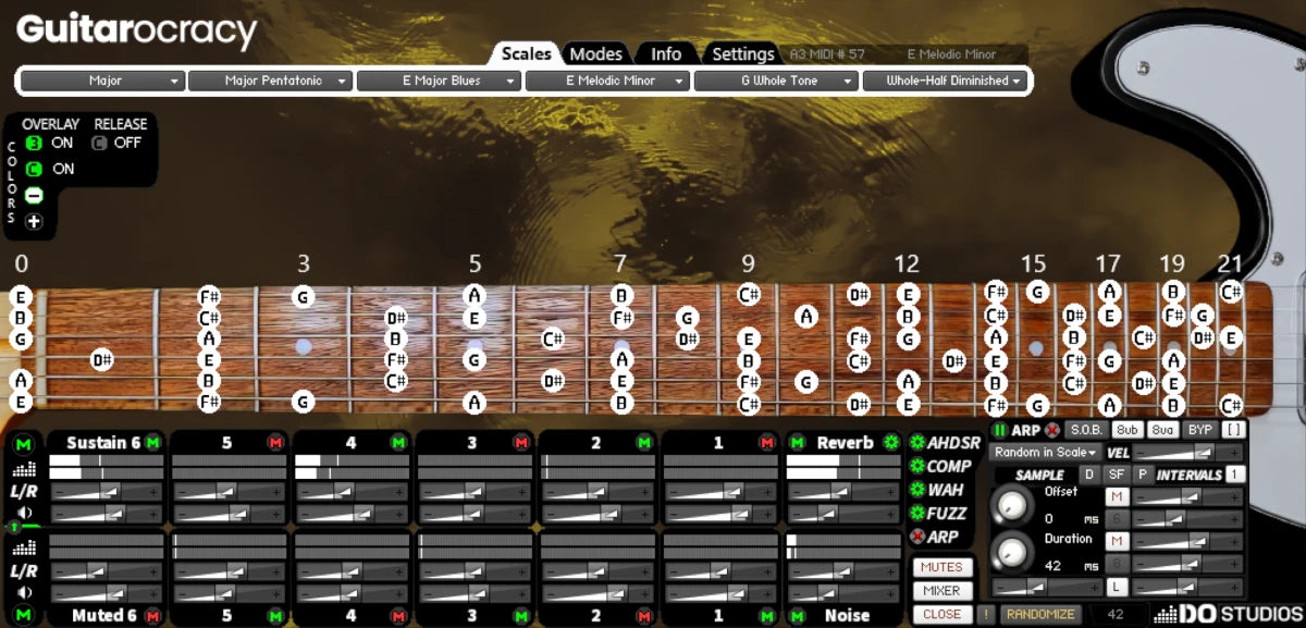 Guitarocracy showing the E Melodic Minor scale on the virtual fretboard and effect software interface.