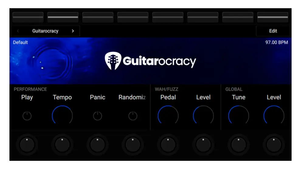Guitarocracy as seen from a NK3 kontrol keyboard in the performance view showing the main instrument page.