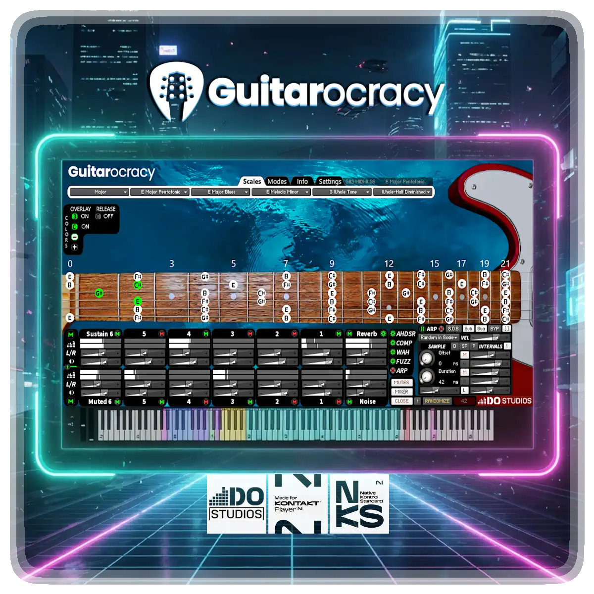 Guitarocracy a guitar instrument a vst, au, aax software. Displayed user interface on a Cyber Themed background with Guitarocracy shown on a computer screen.