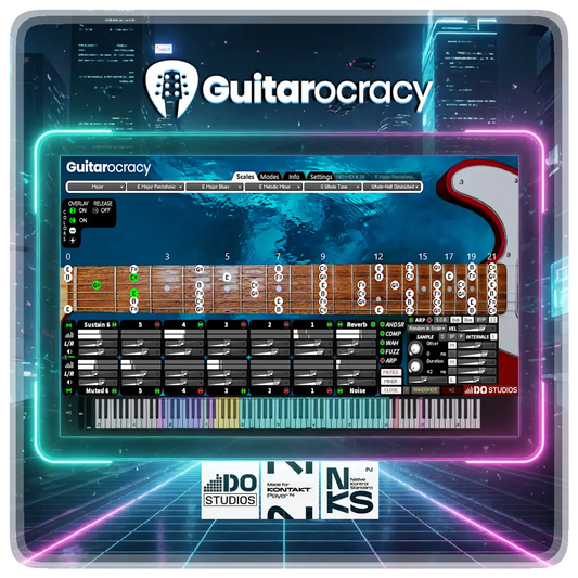 Guitarocracy a guitar instrument a vst, au, aax software. Displayed user interface on a Cyber Themed background with Guitarocracy shown on a computer screen.